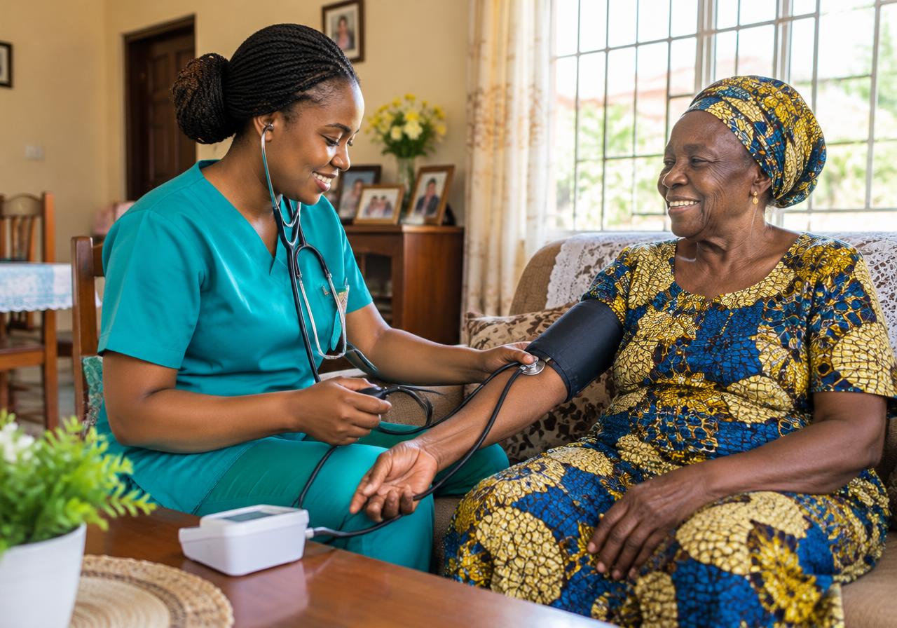 A nurse checking an elderly woman's blood pressure at home